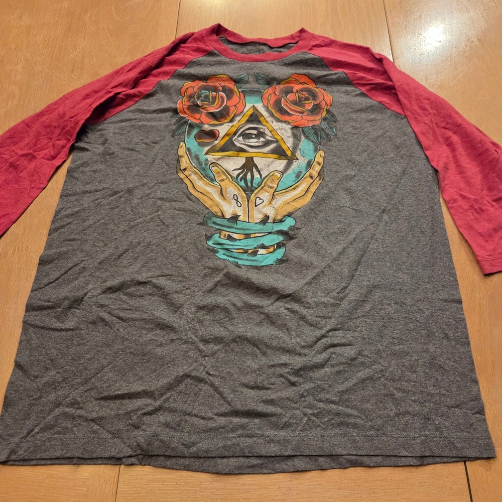 Life Clothing Co XL Baseball Tee Raglan Grey Red All-Seeing Eye Rose Graphic